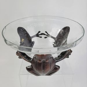 Decorative Glass Bowl Vase Centerpiece with Three Sitting Metal Frogs Stand Base